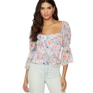 Lost + Wander Monet's Garden Smocked Top Square Neck Floral 3/4 Sleeve Medium